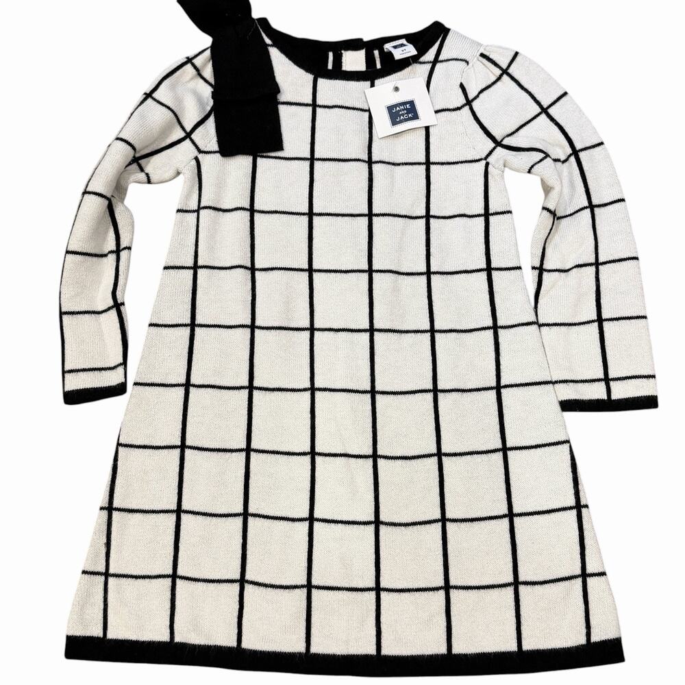 Janie and Jack Black White Windowpane Sweater Dress Shoulder Bow Toddler 2T NWT